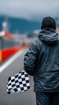 A race official stands at the circuit with a checkered flag, framed by blurred, distant surroundings