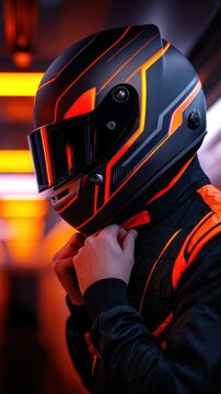 A racer adjusting their helmet in a futuristic, illuminated environment with vibrant colors