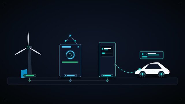 Smart EV Charging Ecosystem 4K Animation &ndash; Renewable Wind and Solar Energy, Power Grid Substation, DC Fast Charger, and Electric Vehicle Battery Loop