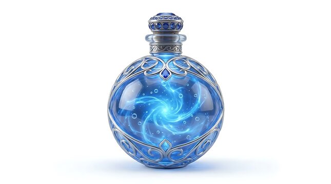 Magical blue potion bottle with swirling light energy and silver decor