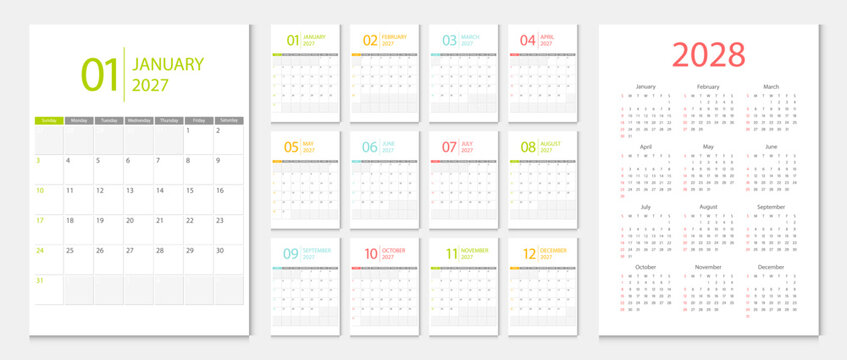 alendar 2027, calendar 2028 week start Sunday corporate design template vector.