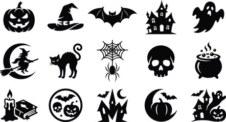 Fototapeta premium Halloween silhouette icons set with pumpkin witch bat haunted house ghost and spooky party elements