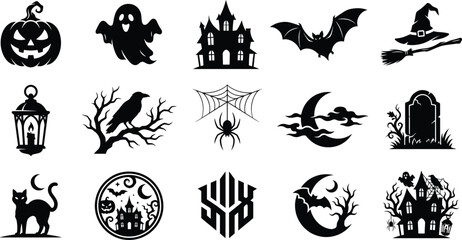 Fototapeta premium Halloween silhouette icons set with spooky pumpkin ghost bat haunted house and witch hat