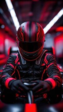 A race car driver in a darkly lit environment, focused intently on driving in a futuristic setting