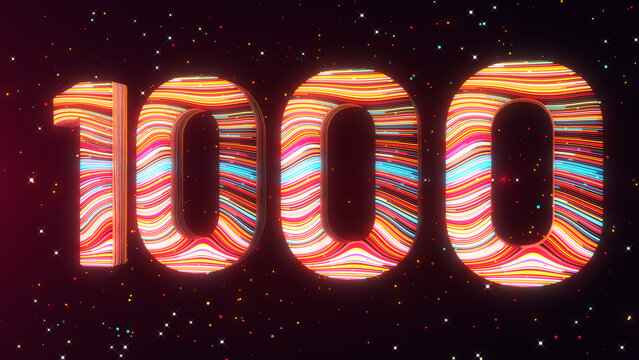 Large futuristic 3D number 1000 glowing with colorful flowing lines and particles, creating a vibrant digital milestone and achievement scene against a dark space background.