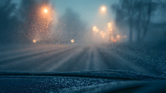 Winter road seen through a frozen car windshield with snow and blurred street lights at dusk. Safe driving concept for winter weather conditions.