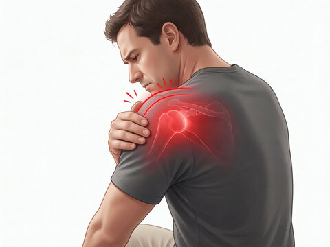 Man With Severe Shoulder Pain And A Highlighted Rotator Cuff Injury Illustration