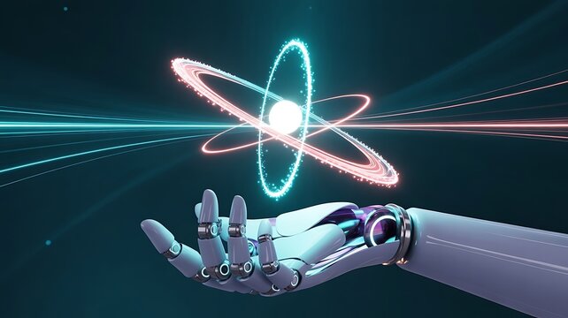 Robot hand holds a glowing atomic structure hologram in space.