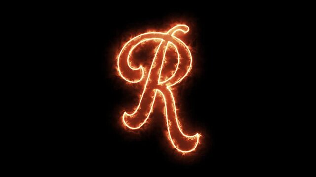 Burning letter r animation, fiery glowing alphabet character with plasma energy effect on black background