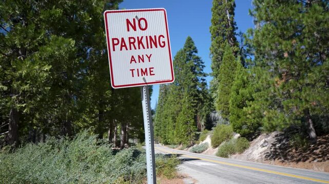 Signs indicate no parking any time on the Trail of Giants in Sequoia National Park. Surrounding nature and trees are visible.