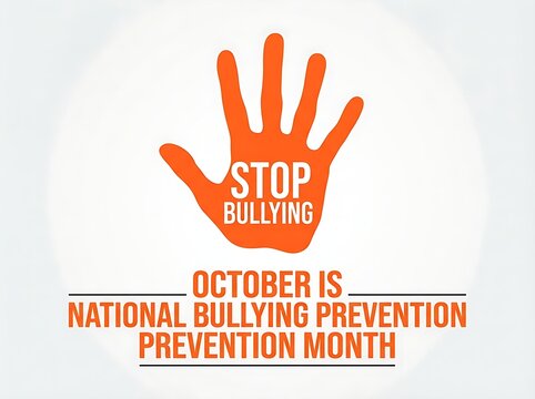 National Bullying Prevention Month vector illustration featuring an orange Stop Bullying hand symbol on white.