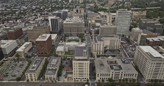 Wilmington Delaware Aerial v15 birds eye view reverse flyover downtown capturing Midtown cityscape, residential area and Brandywine creek on overcast sky - Shot with 5k Camera - Sept 28th 2023