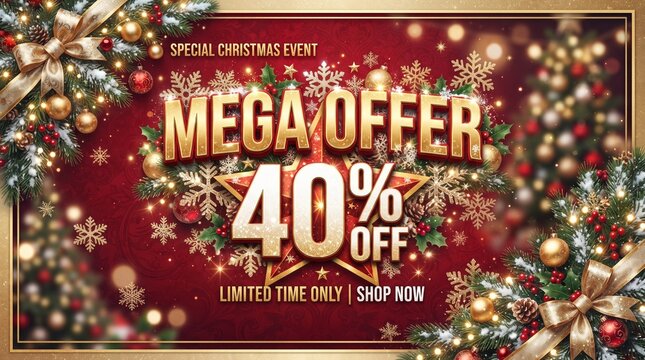Christmas mega offer sale promotion banner with 40 percent discount. Golden typography and red background. Decorated with pine branches and snowflakes for holiday shopping campaigns