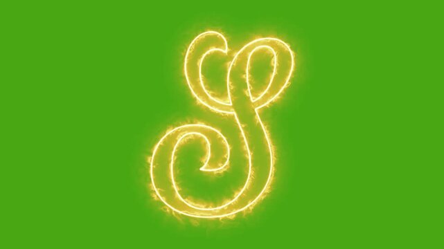 Glowing letter s neon sign animation on green screen, golden script alphabet character for motion and typography projects