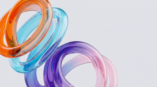 Abstract composition of colorful translucent glass rings interlinked with colorful cir