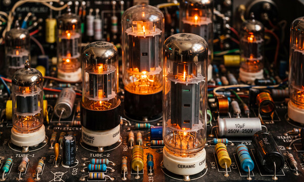 Glowing vacuum tubes on a vintage circuit board with resistors and capacitors. Retro technology concept featuring illuminated vintage vacuum tubes on an electronic circuit board