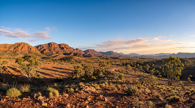 Panoramic view of desert landscape with rocky mountains and trees  