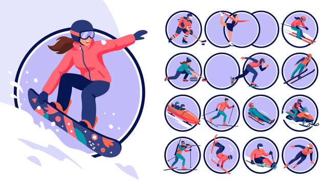 Winter Sports Illustration Set featuring a large snowboarder and various circular icons of ice hockey, skiing, and skating, ideal for sports event branding and winter tourism marketing.