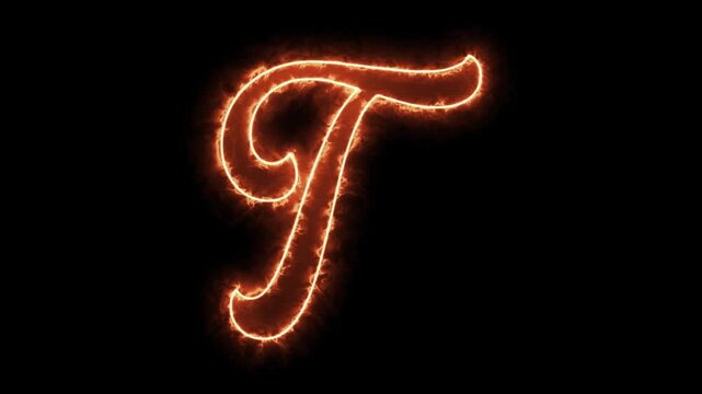 Animated letter t with fiery burning effect and glowing orange plasma flames on black background alphabet