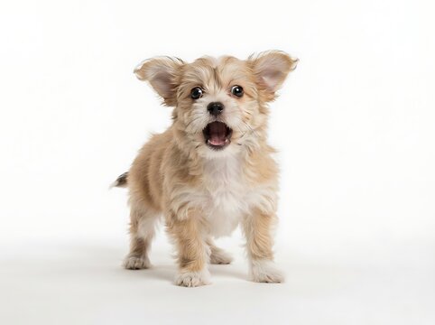 Adorable small tan puppy with open mouth and big ears