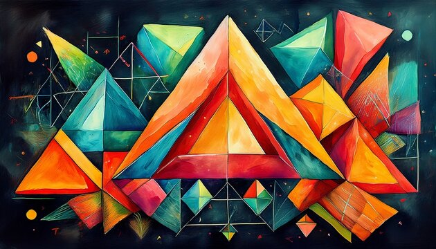 kaleidoscopic watercolor triangles and squares on a chalkboard vibrant angles and abstract math expressions