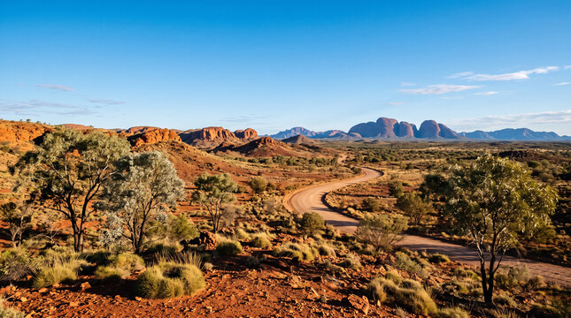 Australian outback landscape with winding road and rocky mountains in nature