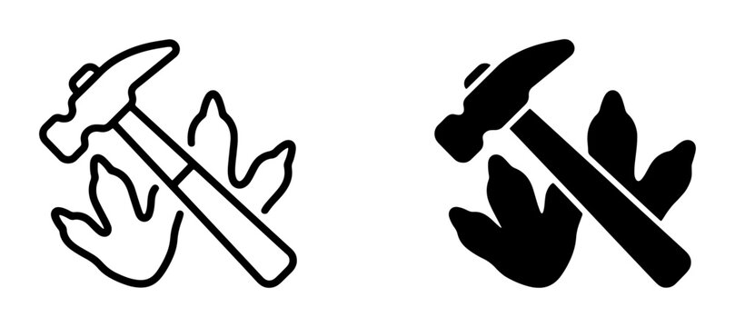 Paleontology Icons: Dinosaur Footprints and Fossil Digging Hammer, Line Art and Solid Fill Styles for Science and Discovery