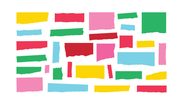 Collection of colorful torn paper strips and rectangular fragments vector illustration on white background.