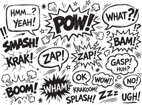 Collection of hand drawn comic book speech bubbles with various action words