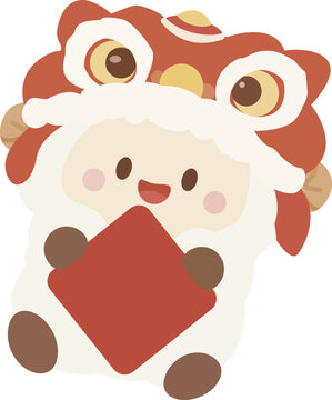 Cute Chinese New Year Sheep Mascot Wearing Lion Dance Head Holding Red Couplet