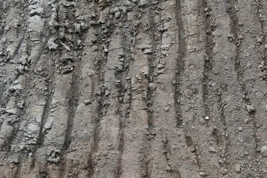 Deep tracks cut through coarse, compacted soil with clumped texture and scattered pebbles