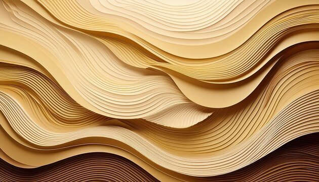 abstract layered paper cut waves in beige and gold tones minimalist textured background with soft shadows and elegant flowing curves