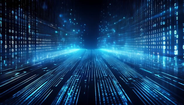 dark blue abstract digital background displaying streams of binary code for technology and cybersecurity themes