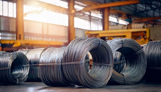 steel wire rope coils in industrial warehouse