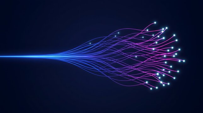 Abstract glowing lines and dots spreading out from a central blue light on a dark blue background representing data flow or network connections