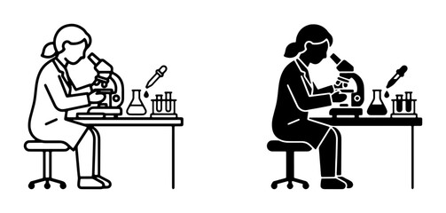Fototapeta premium Scientist Researching with Microscope, Laboratory Equipment, Science Experiment Icons, Medical Research, Chemistry Lab Vector Set