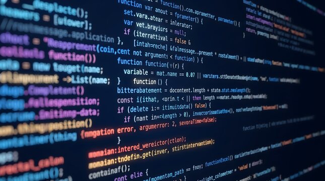 Close up of colorful computer code on a dark screen abstract digital background with programming language snippets and syntax highlighting.