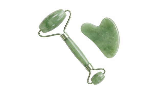 Jade facial roller and Gua Sha scraping tool resting on a transparent background for skincare treatments.
