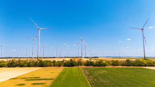 Wind farm beyond green and yellow crop fields. A line of trees separates foreground plots from white towers beneath a blue sky with sparse clouds.