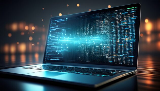 binary code data bit screen display on laptop computer screen matrix of data flow rise of the big data ai age artificial intelligence data transfer