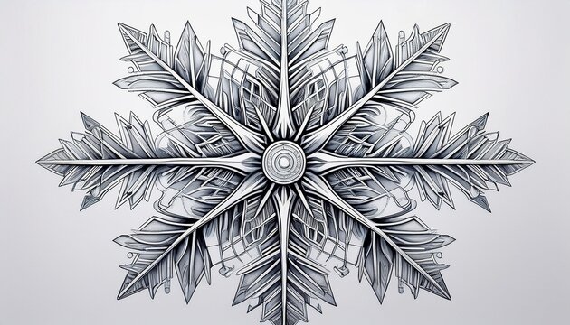 detailed graphic of a snowflake complex symmetrical and intricate design line drawing style dark grey lines against a white background clearly depicts snowflake s branching patterns