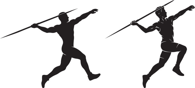 Dynamic silhouettes of a javelin thrower in mid air during athletic competition