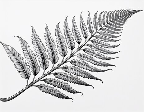 detailed line drawing of a fern frond intricate elegant lines create a stylized fern leaf with delicate fronds radiating from a central stem simple black lines on white background