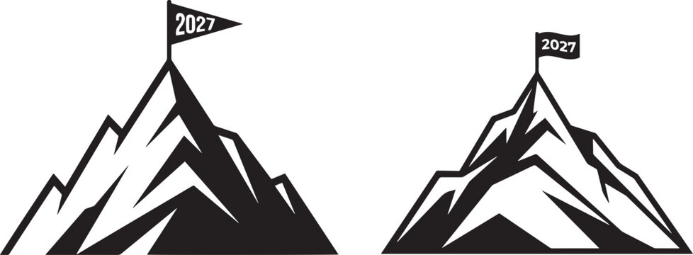 Black and white illustration of two mountains with flags displaying years 2023 and 2024