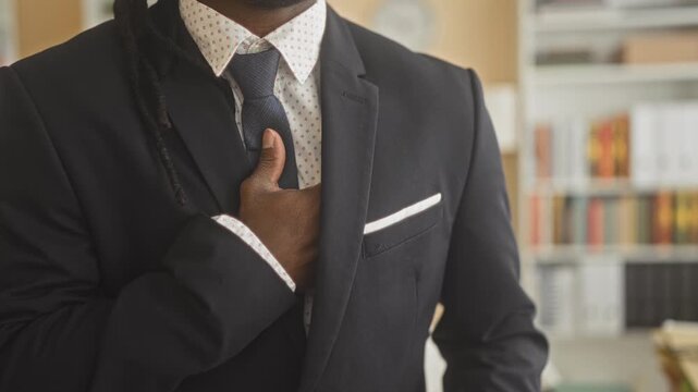 Man in dark suit clutching chest with hand and gold ring over tie, standing before bookshelves and monitor inside building; confidence ambition.
