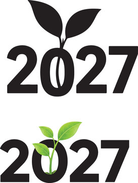 Two versions of 2027 with a leaf growing from the zero symbolizing new beginnings