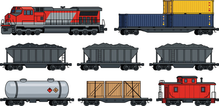 Freight Train and Rail Logistics Transportation Vector Set Featuring Locomotive Cargo Containers Coal Hoppers Tanker Car Flatbed and Caboose Icons