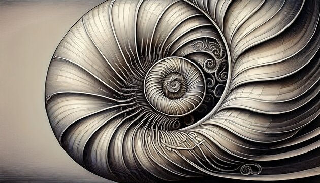 detailed line drawing of a nautilus shell complex spiral form intricate detailing