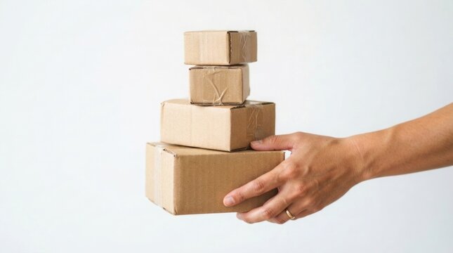 A hand carefully balances a stack of cardboard boxes representing delivery shipping or logistics