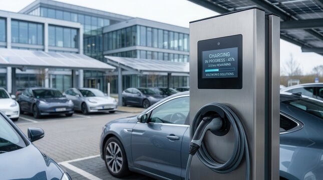 Workplace Charging: EV stations powering vehicles at a commercial facility